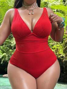 Swim SXY Traje de baño de una pieza con pliegues de unicolor para mujer de talla grande, adecuado para vacaciones en la playa, fiestas en la piscina y fiestas en la playa - Rojo - Ver 1
