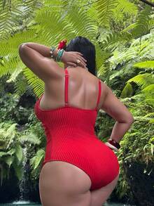 Swim SXY Traje de baño de una pieza con pliegues de unicolor para mujer de talla grande, adecuado para vacaciones en la playa, fiestas en la piscina y fiestas en la playa - Rojo - Ver 3