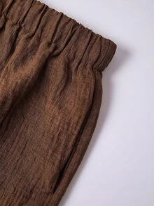 Solivie 女款純色長袖開襟衫、背心與短褲休閒套裝 - 棕色 - 查看 4