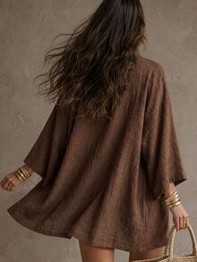 Solivie 女款純色長袖開襟衫、背心與短褲休閒套裝 - 棕色 - 查看 2