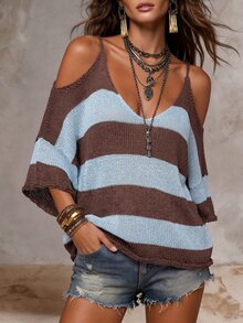 Solivie Women's Striped Off-Shoulder Loose Fashion Sweater - Multicolor - View 5