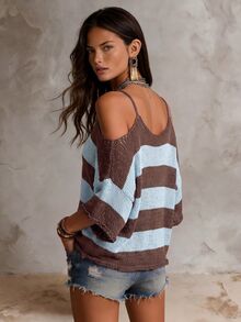 Solivie Women's Striped Off-Shoulder Loose Fashion Sweater - Multicolor - View 2