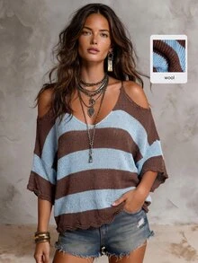 Solivie Women's Striped Off-Shoulder Loose Fashion Sweater - Multicolor - View 6