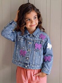 Girls' Bow Towel Embroidery Pattern Blue Denim Loose Short Long Sleeve Jacket - Blue - View 5
