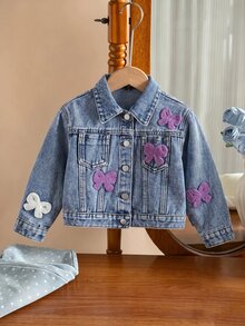 Girls' Bow Towel Embroidery Pattern Blue Denim Loose Short Long Sleeve Jacket - Blue - View 3