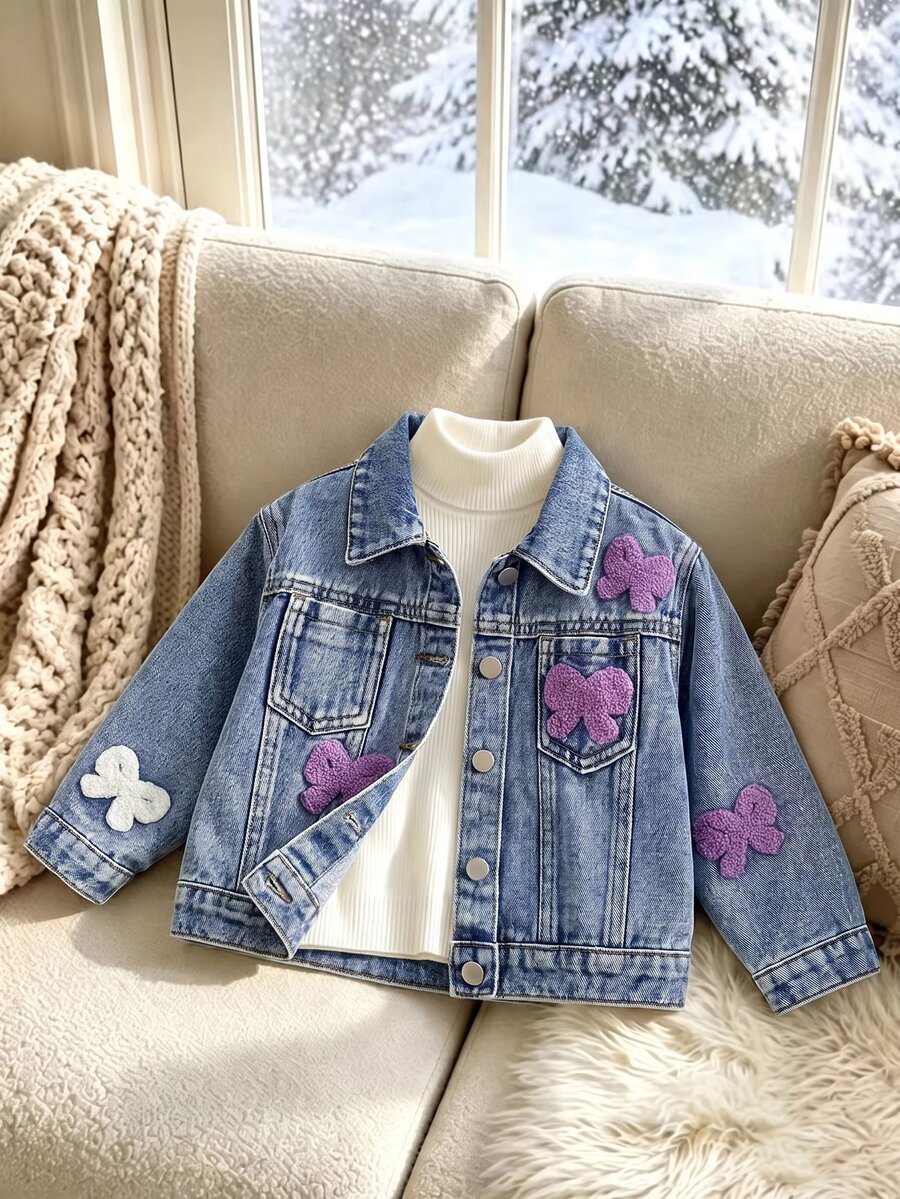 Girls' Bow Towel Embroidery Pattern Blue Denim Loose Short Long Sleeve Jacket - Blue - View 1