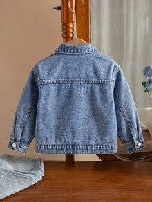 Girls' Bow Towel Embroidery Pattern Blue Denim Loose Short Long Sleeve Jacket - Blue - View 2