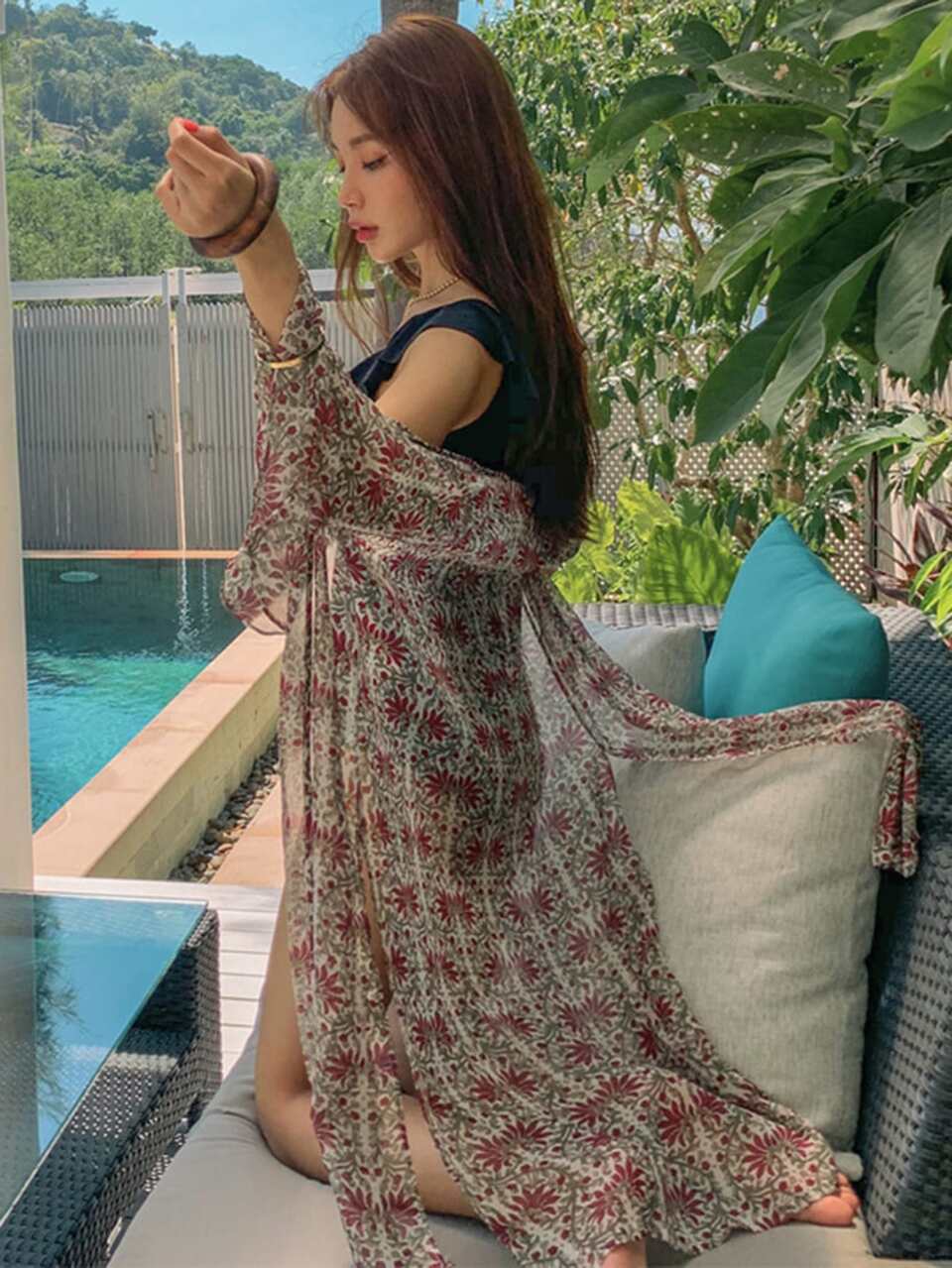 Women's Floral Print Loose Side Slit Maxi Beach Cover Up, Vacation Style, Spring/Summer Boho