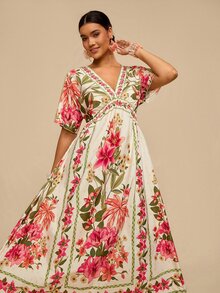 Travachic 大码女式碎花V领短袖优雅连衣裙 女士夏季连衣裙 裹身连衣裙 女士度假连衣裙 大码夏季连衣裙 女士春季连衣裙 - 彩色 - 查看 10