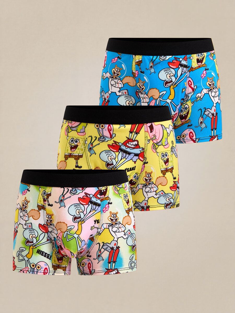 SpongeBob SquarePants | SHEIN 3pcs Tween Boy Cool Boy Soft & Comfy Cute Cartoon Printed Underwear,Basic Casual Briefs Fall Winter Boxers For Kids Cartoon Boxers - Multicolor - View 1