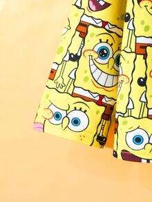 SpongeBob SquarePants | SHEIN Ung pojke, tecknad serie med flera uttryck, heltäckande tryck, slag, knappar fram, långärmad topp och byxor, flamskyddsmedel, höst-/vinterpyjamasset - Gul - Visa 4