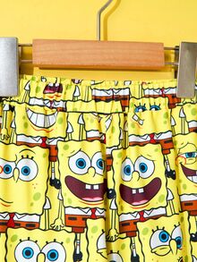 SpongeBob SquarePants | SHEIN Ung pojke, tecknad serie med flera uttryck, heltäckande tryck, slag, knappar fram, långärmad topp och byxor, flamskyddsmedel, höst-/vinterpyjamasset - Gul - Visa 5