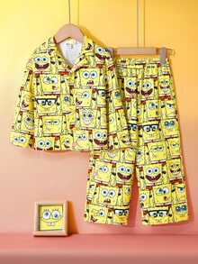 SpongeBob SquarePants | SHEIN Ung pojke, tecknad serie med flera uttryck, heltäckande tryck, slag, knappar fram, långärmad topp och byxor, flamskyddsmedel, höst-/vinterpyjamasset - Gul - Visa 6
