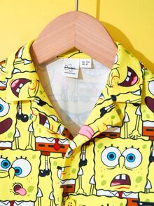 SpongeBob SquarePants | SHEIN Ung pojke, tecknad serie med flera uttryck, heltäckande tryck, slag, knappar fram, långärmad topp och byxor, flamskyddsmedel, höst-/vinterpyjamasset - Gul - Visa 3