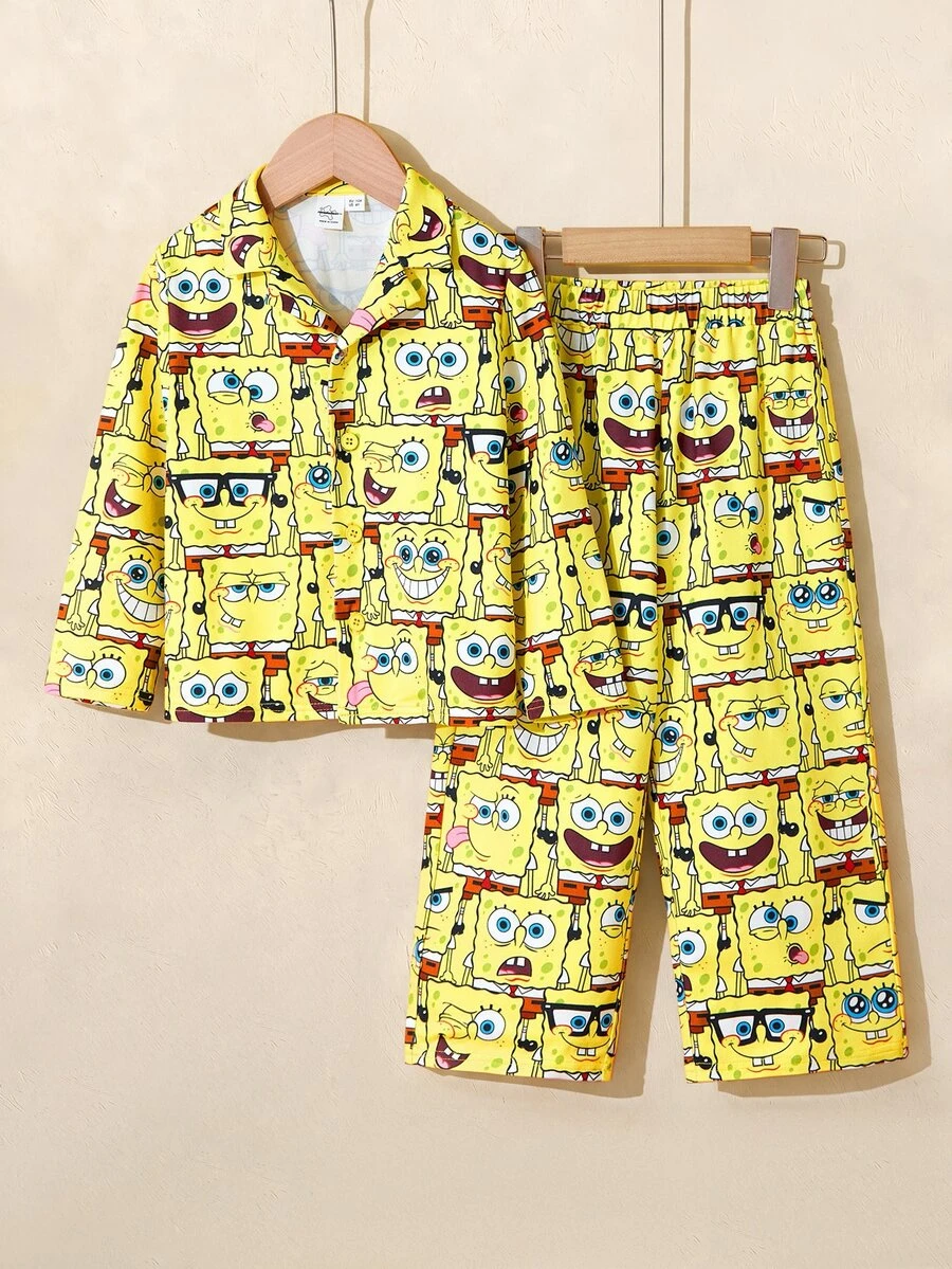 SpongeBob SquarePants | SHEIN Ung pojke, tecknad serie med flera uttryck, heltäckande tryck, slag, knappar fram, långärmad topp och byxor, flamskyddsmedel, höst-/vinterpyjamasset - Gul - Visa 1