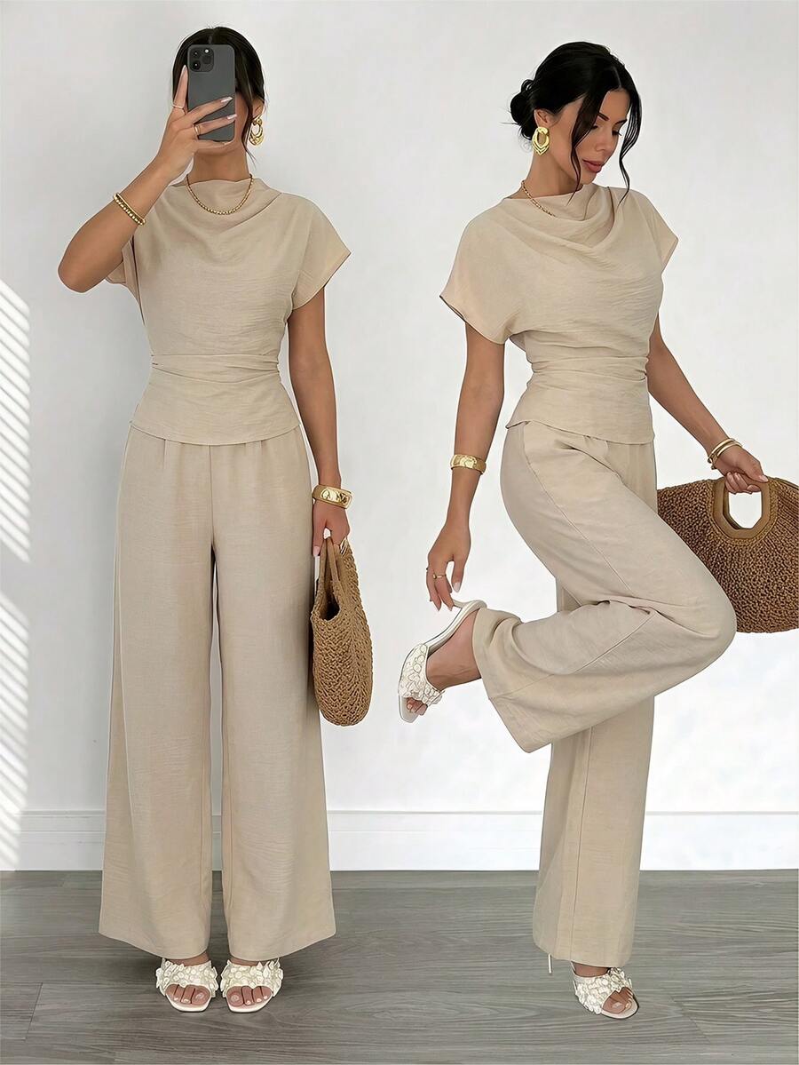 Firerie Conjunto elegante de dos piezas para mujer en color beige, blusa de cuello plisado con manga asimétrica de estilo lino & pantalones de pierna ancha con cintura elástica, atuendo para vacaciones de verano