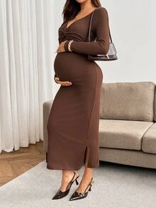 SHEIN Maternity Solid Color Twisted Design Long Sleeve Fitted Nursing Dress Fall - Brown - View 5