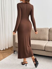 SHEIN Maternity Solid Color Twisted Design Long Sleeve Fitted Nursing Dress Fall - Brown - View 8