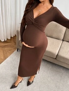 SHEIN Maternity Solid Color Twisted Design Long Sleeve Fitted Nursing Dress Fall - Brown - View 7