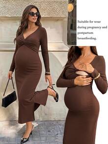 SHEIN Maternity Solid Color Twisted Design Long Sleeve Fitted Nursing Dress Fall - Brown - View 2