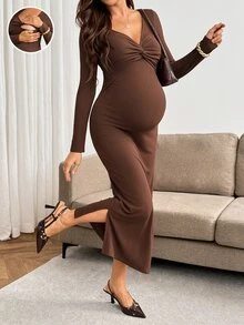 SHEIN Maternity Solid Color Twisted Design Long Sleeve Fitted Nursing Dress Fall - Brown - View 1