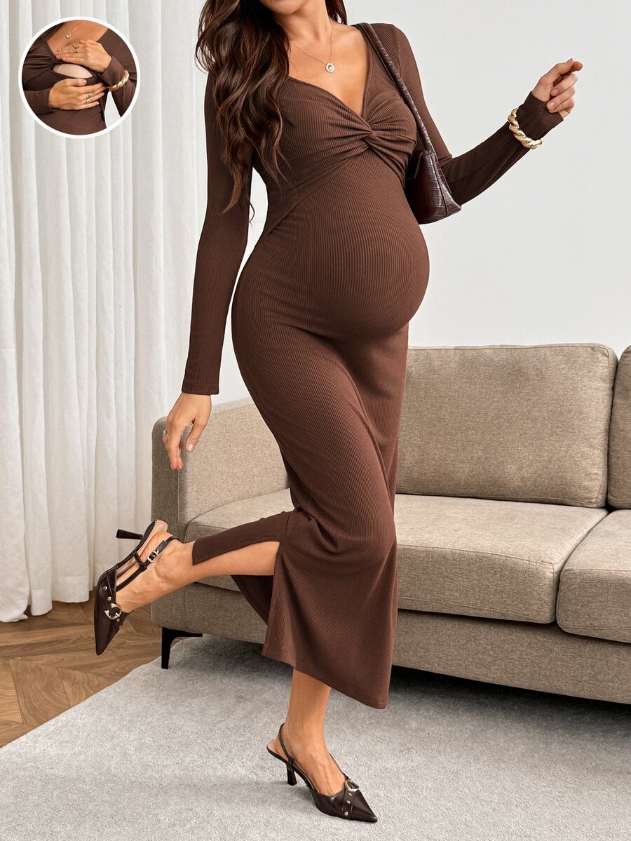 SHEIN Maternity Solid Color Twisted Design Long Sleeve Fitted Nursing Dress Fall - Brown - View 1