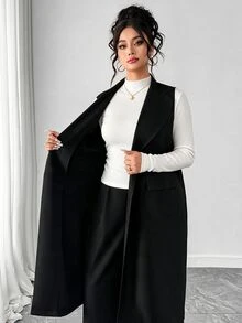 Elenzga 大码女式流行黑色纯色优雅翻领无袖长款西装套装，无袖长款西装外套+西装裤两件套，适合日常通勤和百搭造型 - 黑色 - 查看 6