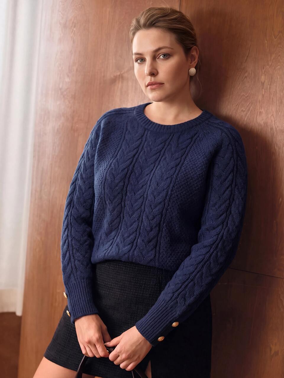 MOTF PLUS SIZE WOMEN'S HEAVYWEIGHT VINTAGE CABLE KNIT PULLOVER SWEATER WITH EXQUISITE METAL BUTTONS