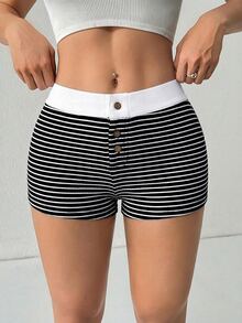 SHEIN PETITE 黑白条纹低腰休闲透气夏季百搭撞色短裤 - 黑與白 - 查看 6