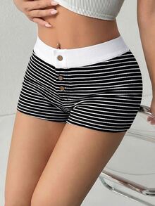 SHEIN PETITE 黑白条纹低腰休闲透气夏季百搭撞色短裤 - 黑與白 - 查看 2