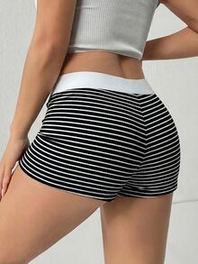 SHEIN PETITE 黑白条纹低腰休闲透气夏季百搭撞色短裤 - 黑與白 - 查看 3