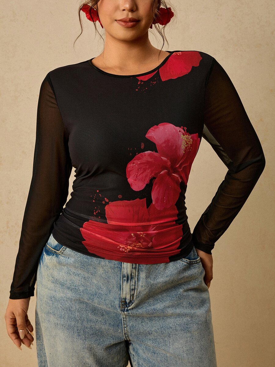 Travachic Plus Size Women's Round Neck Floral Print Ruched Slim Fit Versatile Daily Date Night Cocktail Dinner Long Sleeve T-Shirt Black Autumn Elegant - Black - View 1