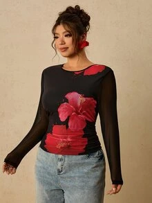 Travachic 大尺碼女款圓領花卉印花抓皺修身百搭長袖T恤，黑色，適合日常、約會之夜、雞尾酒會與晚餐，秋季優雅風 - 黑色 - 查看 3