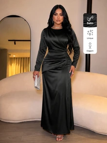 SOLERSUN 女式秋冬优雅纯色褶皱侧缎紧身连衣裙，适合约会派对长款女装、婚礼宾客礼服、毕业礼服、闪亮礼服、黑色礼服、秋季礼服、女士冬季礼服、万圣节、圣诞节、新年、舞会礼服 - 黑色 - 查看 3