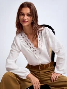 Dayvera Women's V-Neck Lace Trim Cotton White Blouse, Casual Shirt, Teacher Outfits - White - View 5