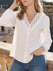Dayvera Women's V-Neck Lace Trim Cotton White Blouse, Casual Shirt, Teacher Outfits - White - View 1