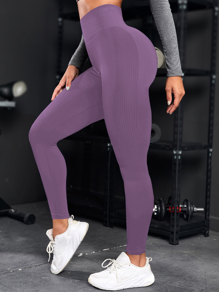 Powerista 1pc Women's Seamless Wide Waistband Side Stripe Basic Running Fitness Yoga Studio Training Cropped Length Leggings - Dusty Purple - View 5