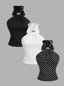 SHEIN MOD 3pcs Women's Metal Decor Fashion Halter Tank Tops - Black - View 2