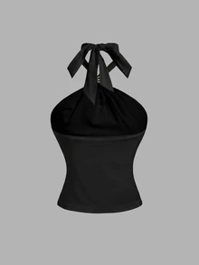 SHEIN MOD 3pcs Women's Metal Decor Fashion Halter Tank Tops - Black - View 8