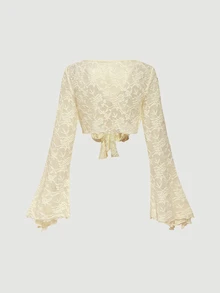 SHEIN MOD 女款蕾絲喇叭袖上衣與細肩帶洋裝時尚兩件套 - 淡黃色 - 查看 7