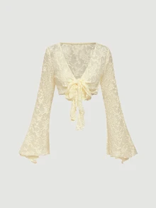 SHEIN MOD 女款蕾絲喇叭袖上衣與細肩帶洋裝時尚兩件套 - 淡黃色 - 查看 8