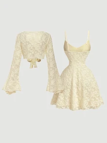 SHEIN MOD 女款蕾絲喇叭袖上衣與細肩帶洋裝時尚兩件套 - 淡黃色 - 查看 2