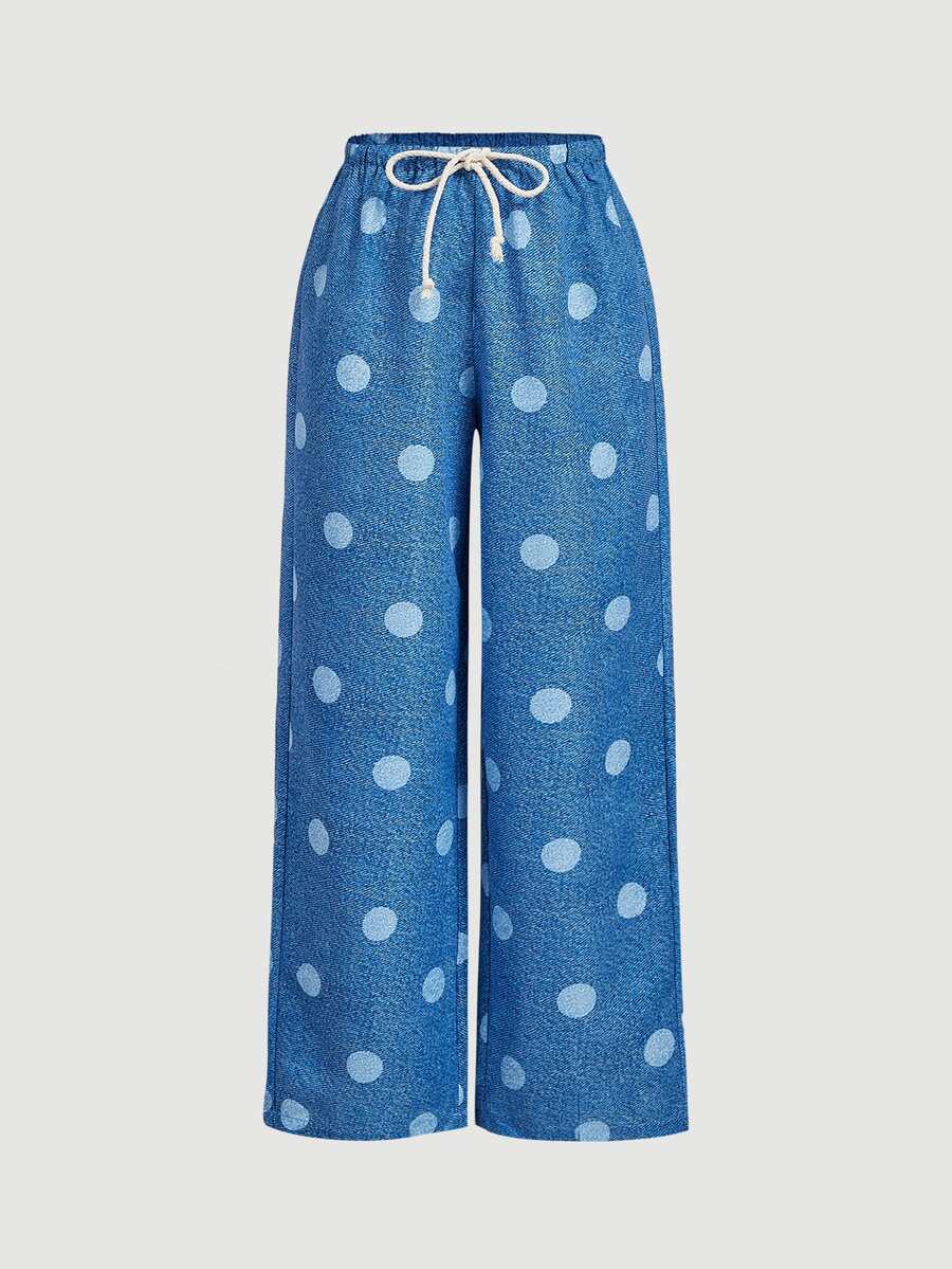 SHEIN MOD Women's Fashionable Polka Dot Print Drawstring Waist Long Pants, Versatile For Vacation - Blue - View 1