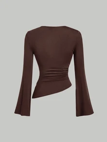 SHEIN MOD Women's 2pcs Burgundy & Apricot Round Neck Ruched Flare Sleeve Cinched Waist Asymmetric Hem Versatile Long Sleeve T-Shirt Base Layer - Brown - View 5