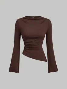 SHEIN MOD Women's 2pcs Burgundy & Apricot Round Neck Ruched Flare Sleeve Cinched Waist Asymmetric Hem Versatile Long Sleeve T-Shirt Base Layer - Brown - View 6