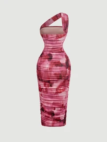 SHEIN MOD Women's Sexy One Shoulder Ruched Dress For Vacation, Evening Party And Beach - Dark Red - View 3