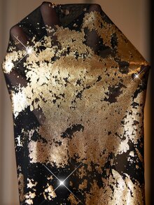 SHEIN Clasi 大尺碼女款優雅洋裝，金色箔圖案、垂領與喇叭袖 - 黑色 - 查看 7