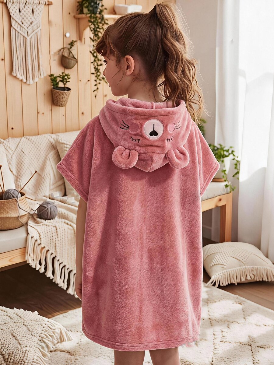 SHEIN 女童 1件裝 卡通刺繡連帽毛絨睡裙 - 淺粉色 - 查看 1
