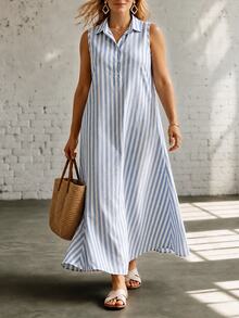 Ceyna 2026 Summer Plus Size Women's Baby Blue Vertical Striped Collared Sleeveless Shirt Dress Half-Button Front Loose Straight Mid-Length Casual - Blue - View 7