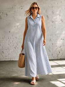 Ceyna 2026 Summer Plus Size Women's Baby Blue Vertical Striped Collared Sleeveless Shirt Dress Half-Button Front Loose Straight Mid-Length Casual - Blue - View 4